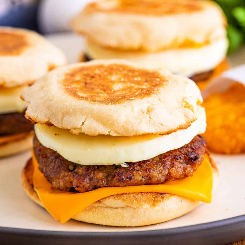 closeup of a copycat sausage egg and cheese mcmuffin