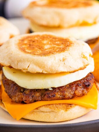 closeup of a copycat sausage egg and cheese mcmuffin