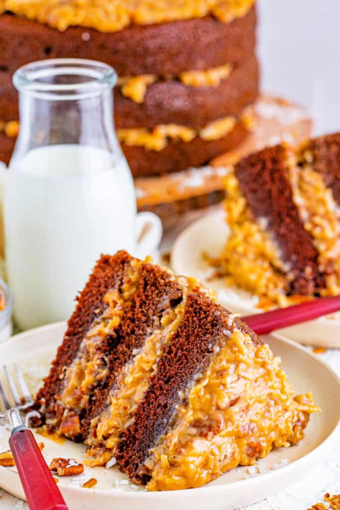 slice of german chocolate cake on plate