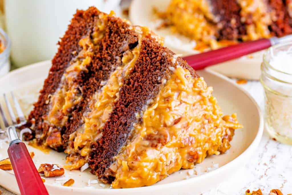 slice of german chocolate cake on plate