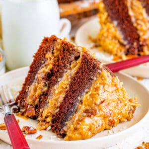 closeup of a slice of german chocolate cake on plate