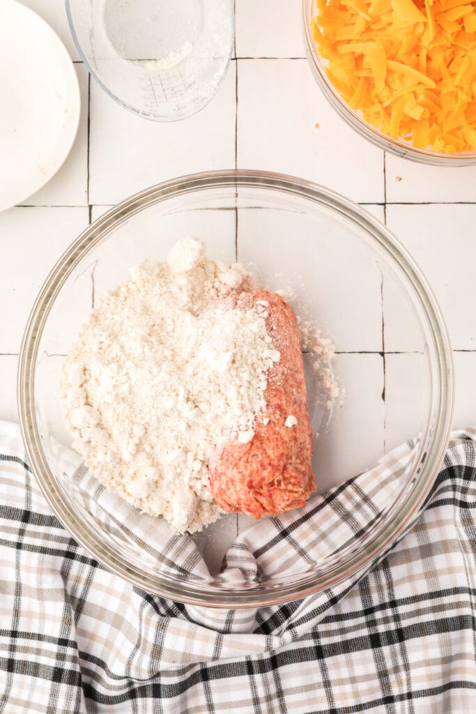 sausage and baking mix in a mixing bowl