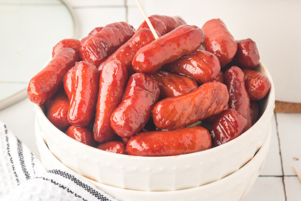 closeup of bbq little smokies in bowl