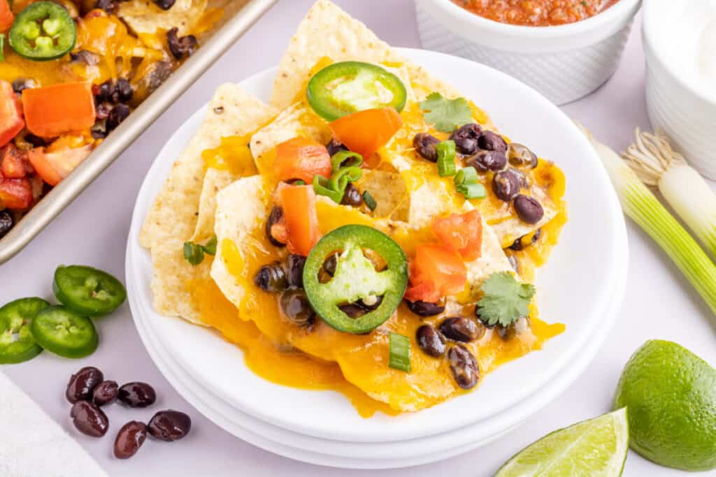 plate with portion of spicy loaded black bean nachos