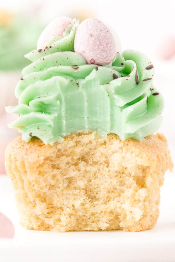 cupcake and frosting with bite showing inside texture