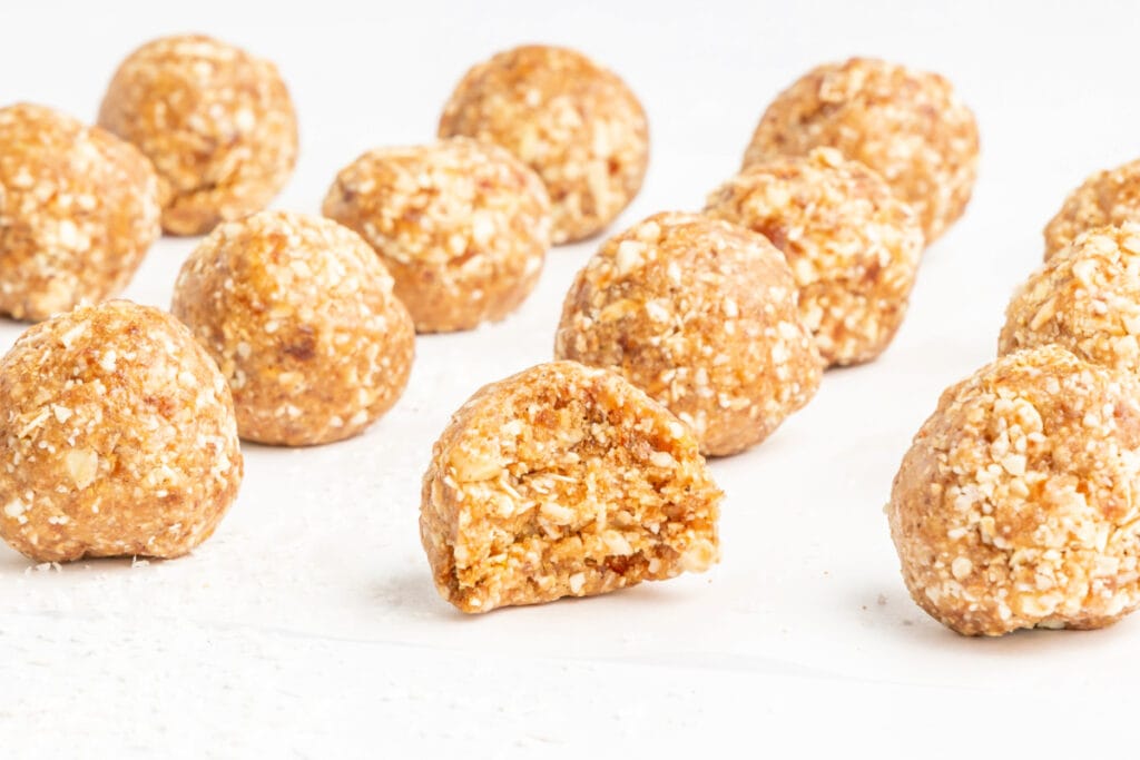 vanilla chai energy bites on white background