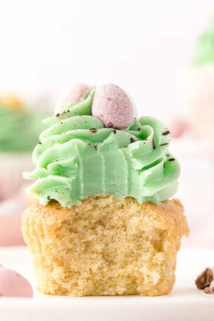closeup of the inside of a vanilla easter cupcake