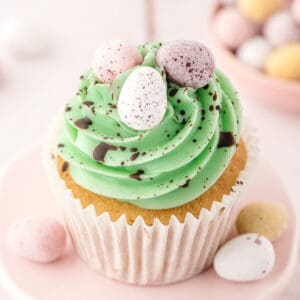 closeup of vanilla cupcake topped with speckled swiss meringue buttercream