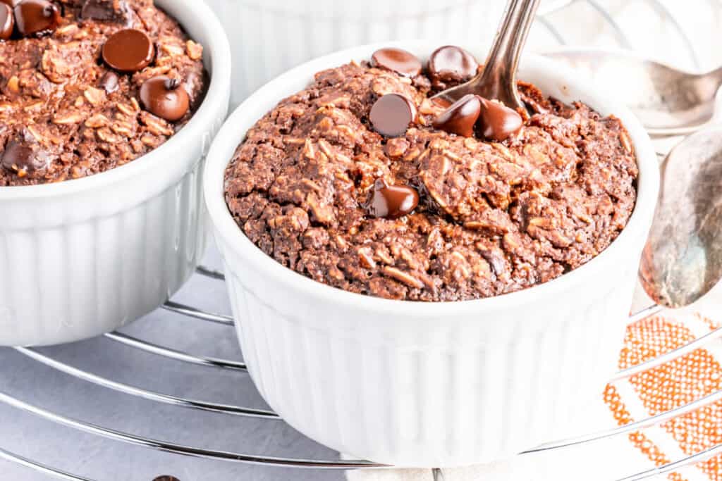 brownie batter baked oatmeal in white ramekin