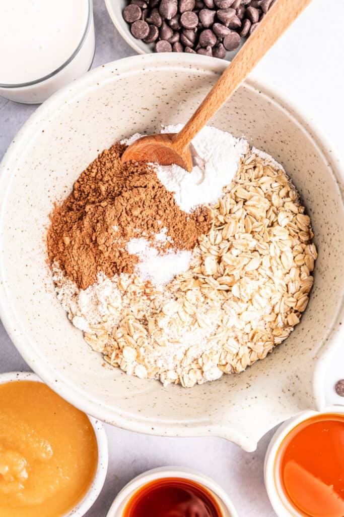 In a bowl, combine the rolled oats, oat flour, cacao powder, and baking powder.