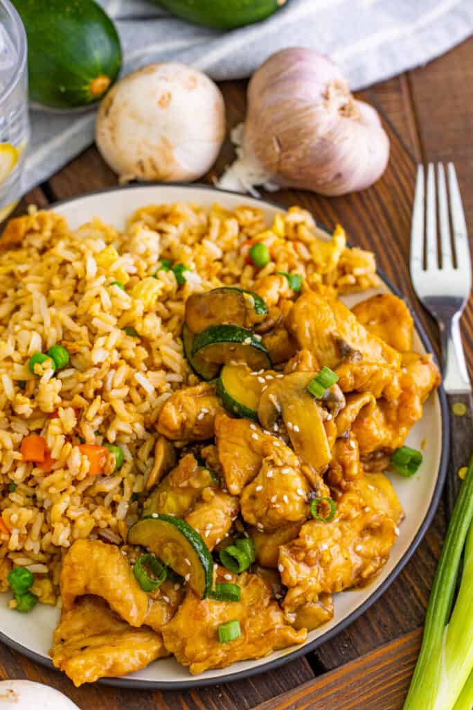 plate with copycat panda express mushroom chicken and fried rice