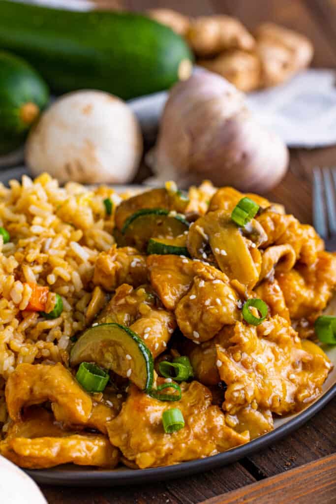 closeup of plate with mushroom chicken