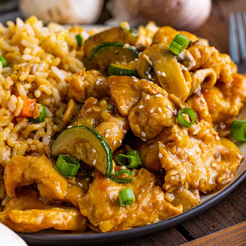 closeup of mushroom chicken on plate