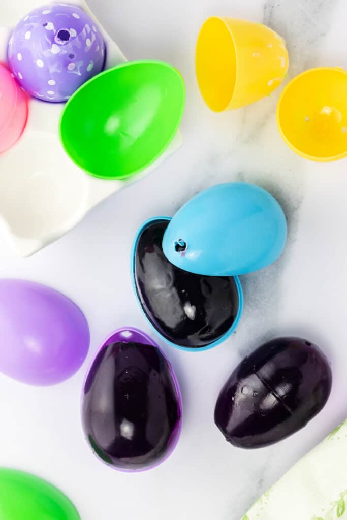 Once filled, place in the fridge until the jello sets, approximately 1.5- 2 hours. Carefully remove the tape and break open the egg. Remove and enjoy! 