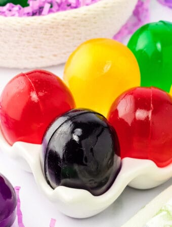 closeup of easter egg jello shots in carton