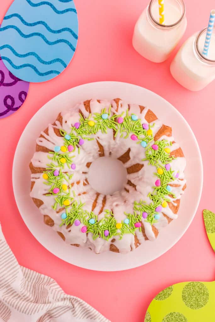 looking down onto a plate with an easter cake