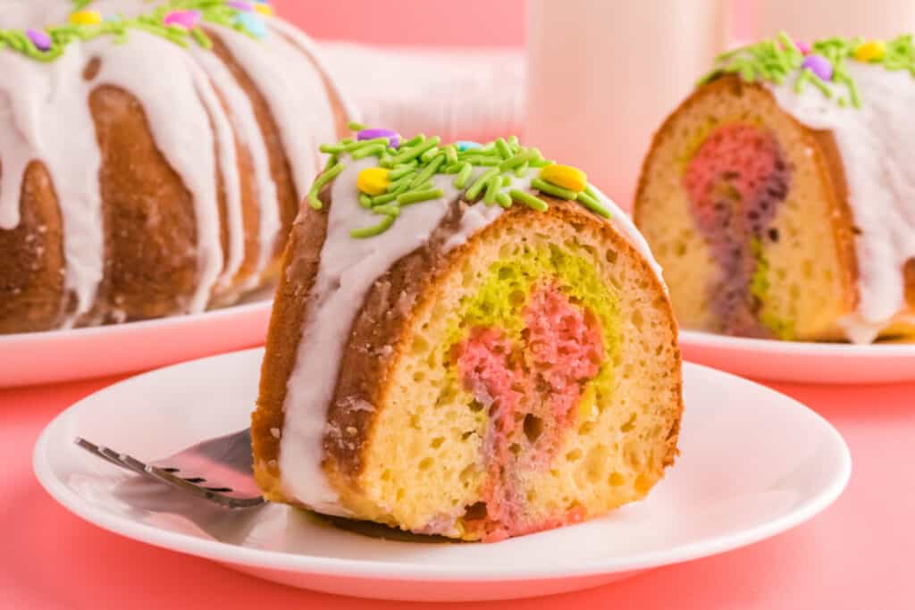 easter swirl bundt cake slice on plate