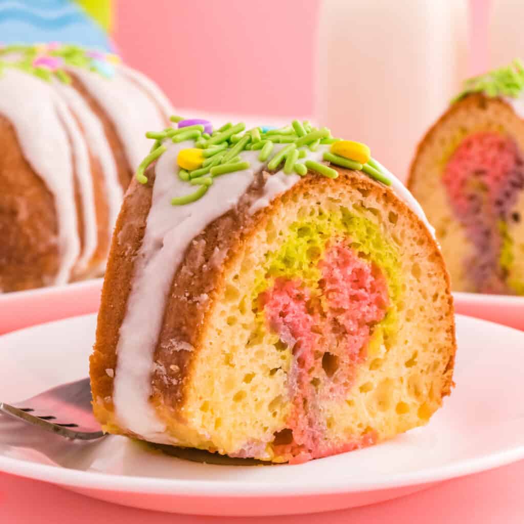 slice of easter swirl bundt cake on plate