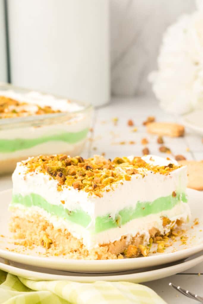 closeup of pistachio dessert on plate