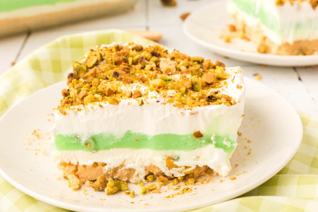 pistachio lasagna lush slice on plate