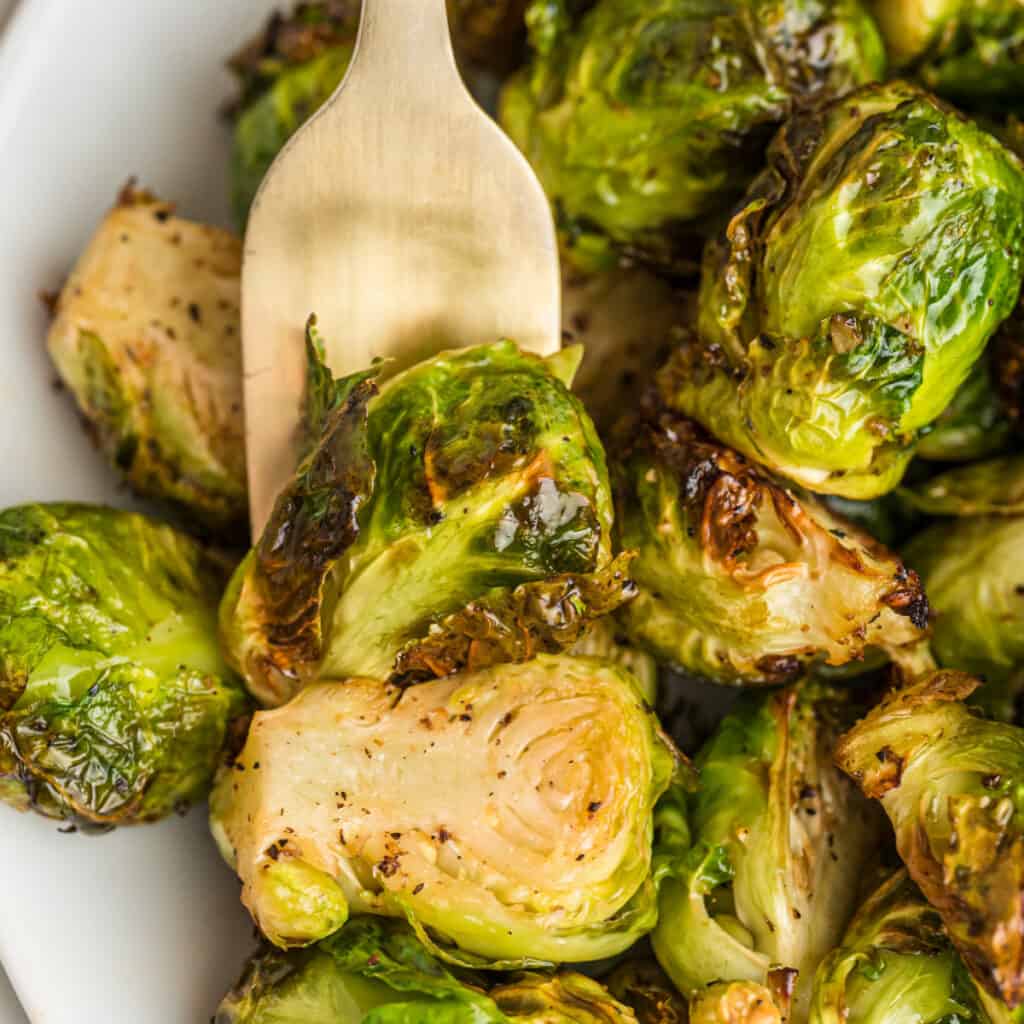 closeup of air fryer brussels sprouts