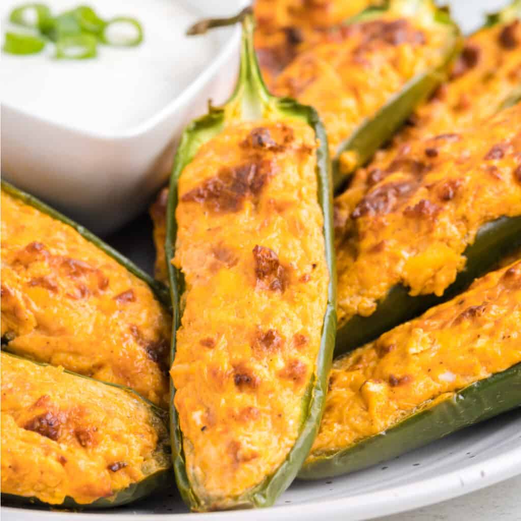 closeup of an air fryer buffalo chicken jalapeno popper