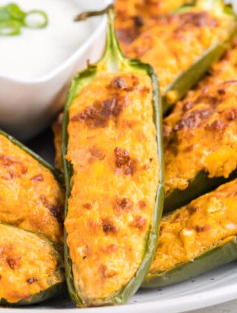 closeup of an air fryer buffalo chicken jalapeno popper