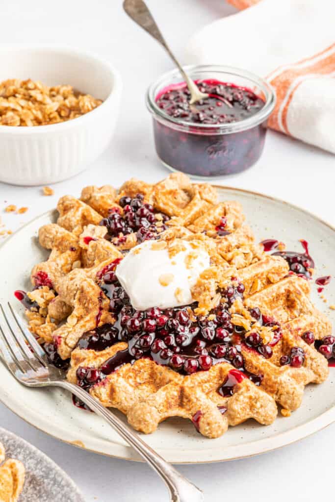 blueberry cobbler waffles on plate