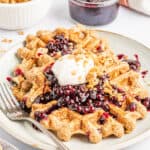 closeup of blueberry cobbler waffle on plate