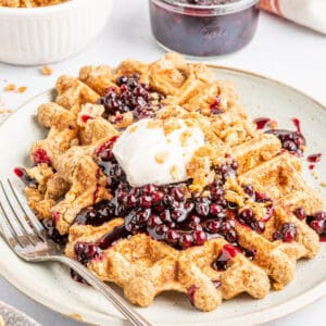 closeup of blueberry cobbler waffle on plate