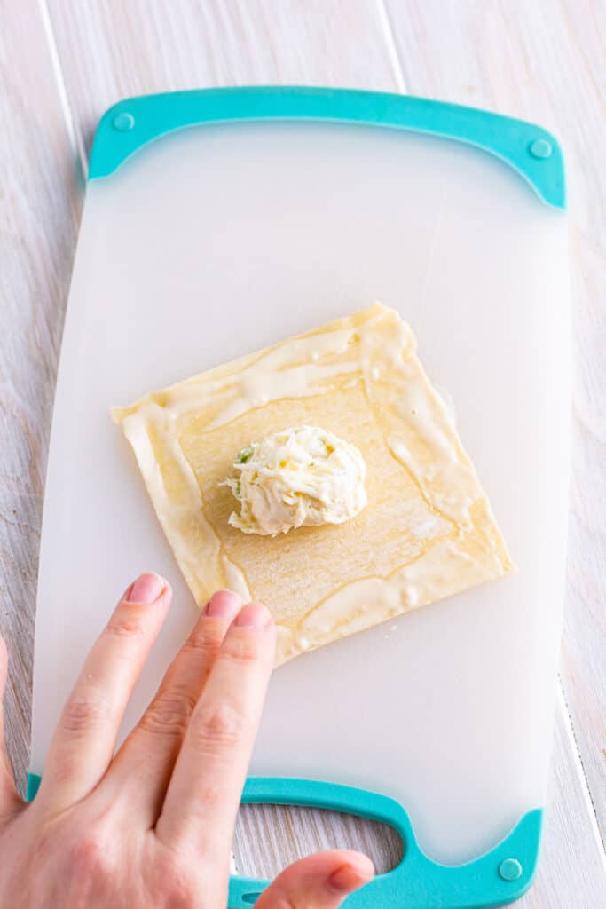 Dip a fingertip into the flour mixture and run it along the outside edge of the wrapper.
