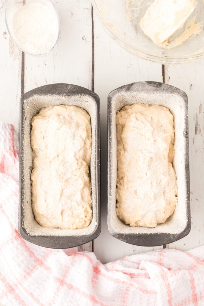 Divide and spoon the batter evenly into the pans, and sprinkle more cornmeal on top.