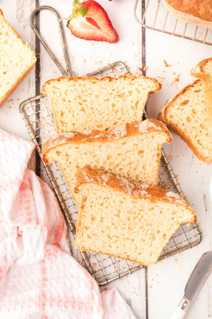 looking down on three slices of easy bread recipe on wire rack