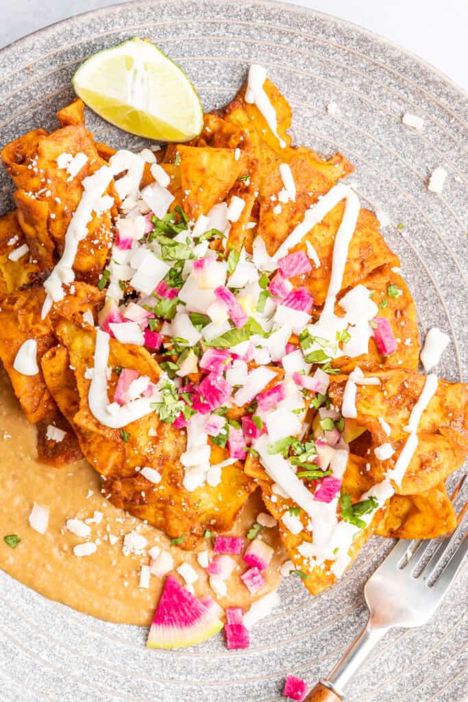 closeup looking down onto a plate of mole chilaquiles