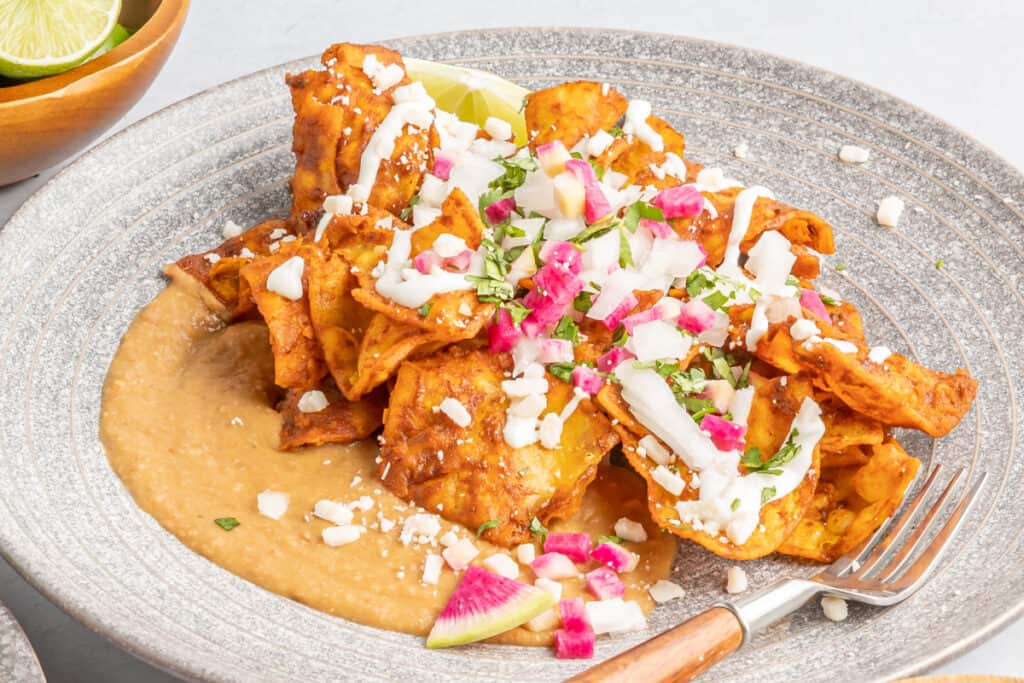 closeup of mole chilaquiles on plate