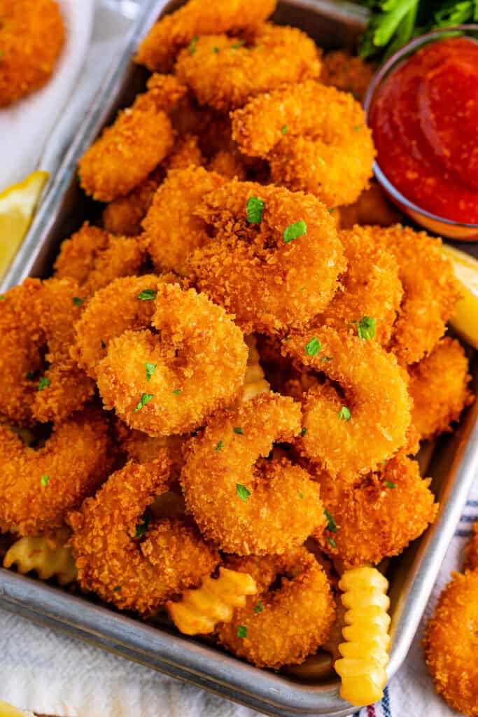 looking down onto a pile of panko fried shrimp