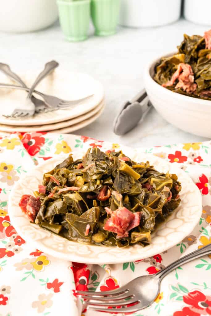 small plate with perfectly seasoned collard greens