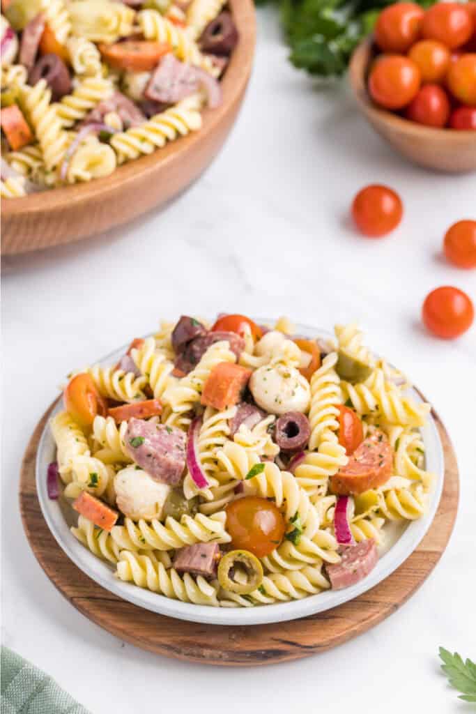 portion of antipasto pasta salad on plate