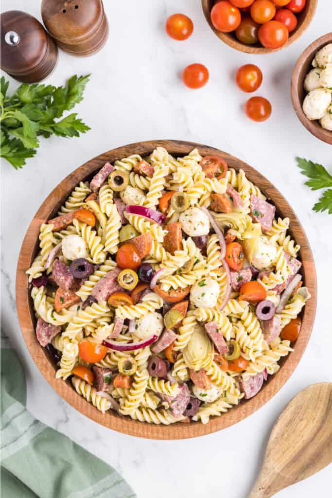 looking down onto a bowl of antipasto pasta salad