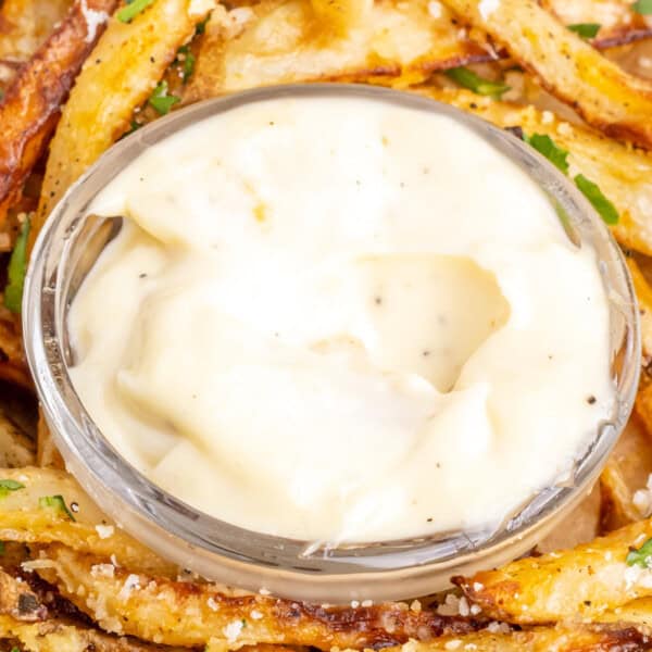 closeup of homemade garlic aioli in small bowl