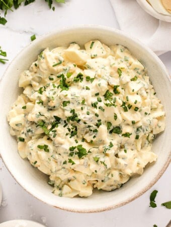 closeup of herbed egg salad in bowl