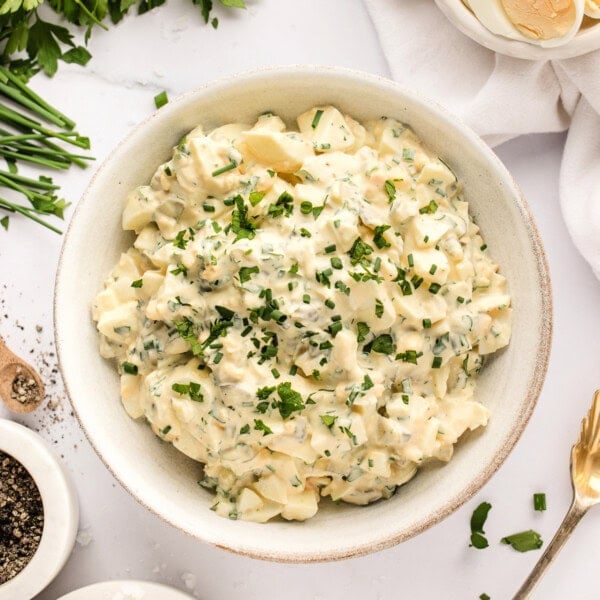 closeup of herbed egg salad in bowl