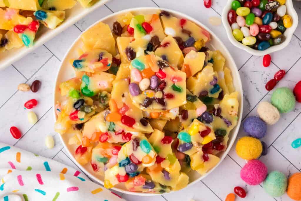 jelly bean brittle on serving tray