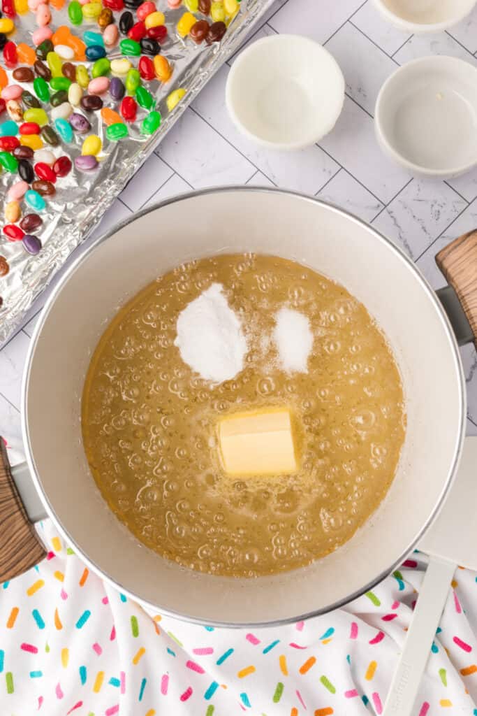 butter, baking soda, and salt added to the sugar mixture