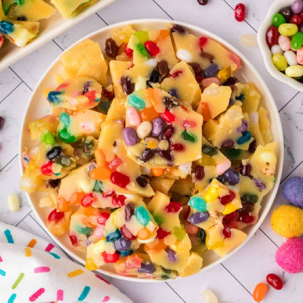 closeup of jelly bean brittle on a plate