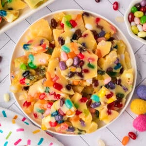 closeup of jelly bean brittle on a plate