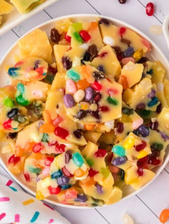 closeup of jelly bean brittle on a plate