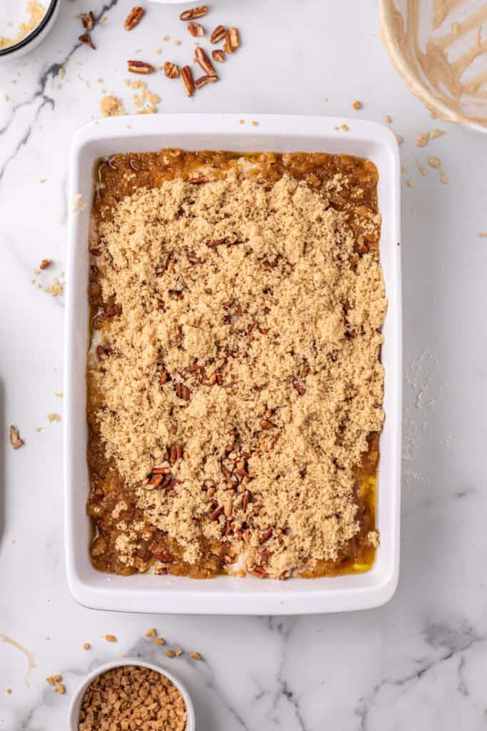 Pecan Pie Cobbler before being baked topped with brown sugar