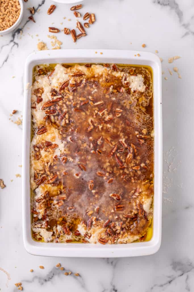 boiling water poured over the top of the Pecan Pie Cobbler before being baked