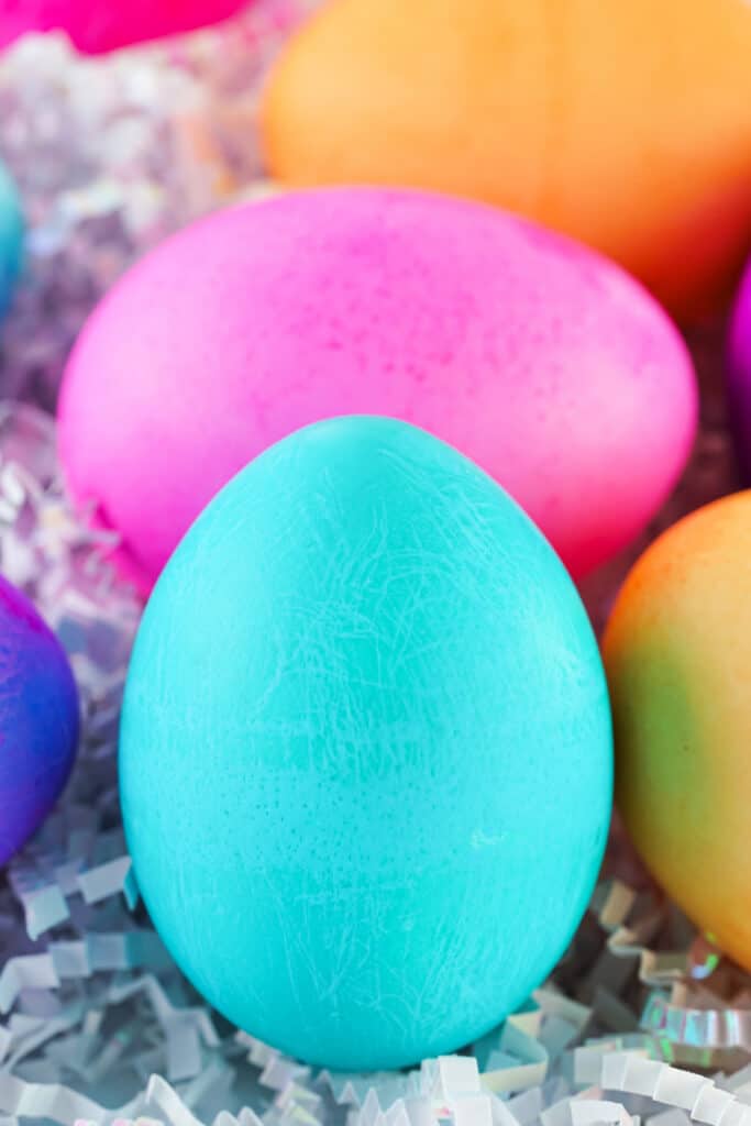 assorted colors of food coloring dyed easter eggs